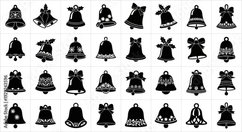 Collection of black christmas bells with decorative designs on white background for holiday themes