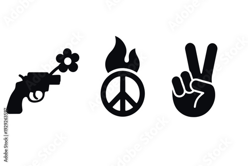 set of hand drawn peace symbols including gun with flower peace sign and victory hand gesture silhouette