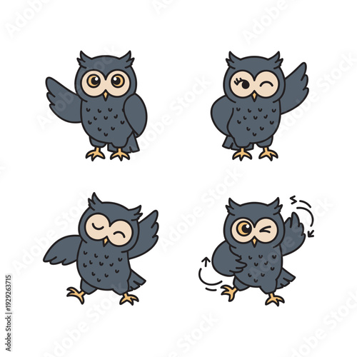 Cartoon owl set showing different emotions on white background