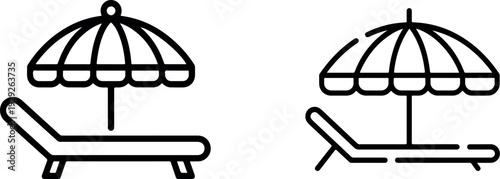 Lounge chair and umbrella icons, representing relaxation, vacation, and outdoor leisure activities, on transparent background