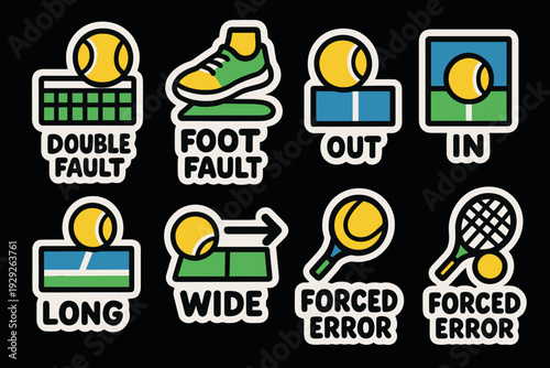 tennis fault and error icon set hand drawn style for sports illustration and coaching design