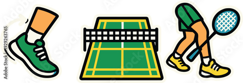 colorful badminton sport icons set with player racket shoe and court in hand drawn style