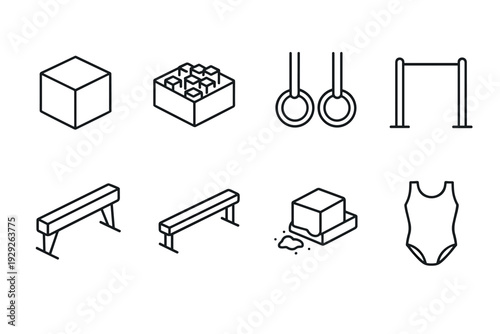 gymnastics equipment icons set with hand drawn style outline illustrations