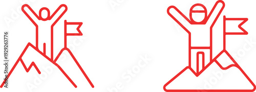 Success concept icon set showing man on mountain top with flag representing leadership reaching goals and peak performance in red thin line vector style