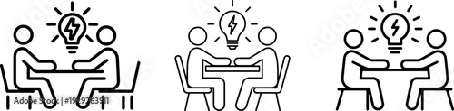 Business meeting icon, teamwork solution as two people talking light bulb icon, creative idea and discussion symbol as vector