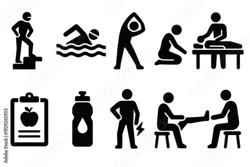 set of black silhouette health and fitness icons including exercise swimming stretching massage nutrition pain and physical therapy