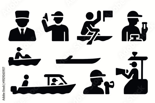 set of hand drawn black silhouette icons with water sports people boat captain and lifeguard