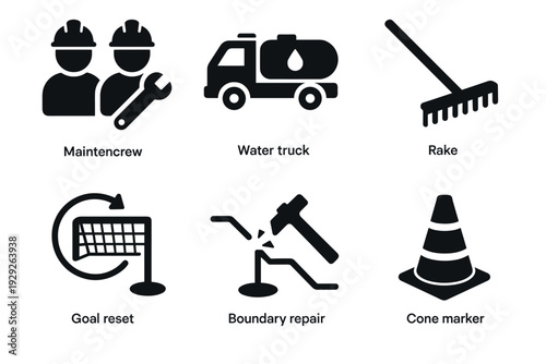 maintenance and repair icon set with water truck rake goal reset boundary repair and cone marker in black silhouette style