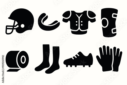 american football equipment set silhouette black icons including helmet mouthguard jersey knee pad tape socks cleats and gloves
