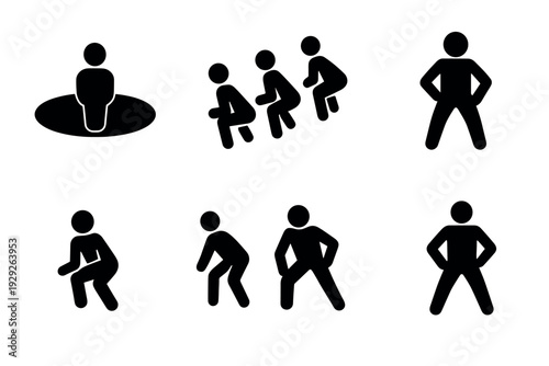 set of black human silhouette icons showing different squatting and standing poses hand drawn style