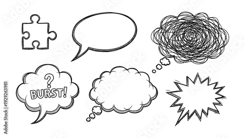 Speech Bubbles and Puzzle Piece: A collection of hand-drawn speech bubbles and a puzzle piece represent communication, ideas, and problem-solving.