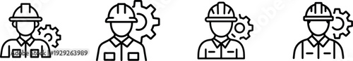 Industrial worker and engineer icon collection showing technician wearing safety helmet and gear representing manufacturing process and maintenance service