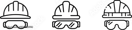 Workplace safety equipment icon set featuring construction hard hat and protective eye goggles representing health and security standards on building site