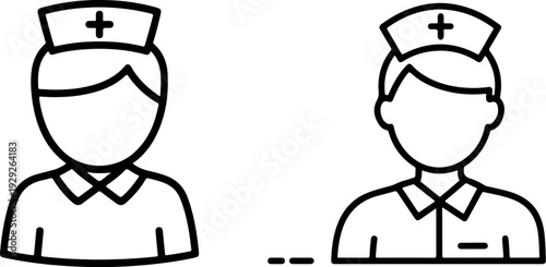 Professional nurse line icons depicting medical staff in uniform with traditional cap and cross symbol for hospital assistance and healthcare work force