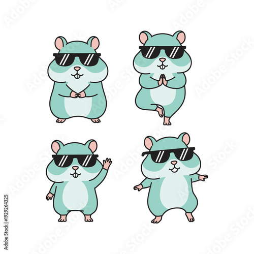 Cool cartoon hamsters wearing sunglasses in various poses on white background