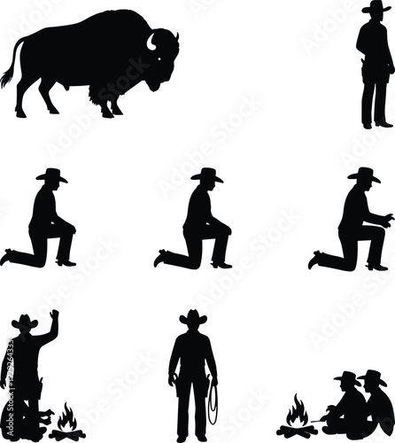 Cowboy and bison silhouette set featuring western ranch scenes, kneeling cowboy poses, campfire moments and wild buffalo isolated vector illustration collection