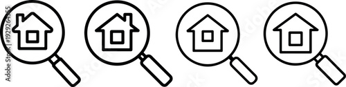 Real estate search icon collection with house inside magnifying glass representing property hunting home finding and mortgage research for residential buy