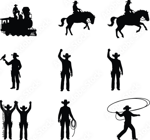 Cowboy silhouette collection with horse riding, train conductor, lasso action and western celebration poses isolated vector set for ranch and wild west design