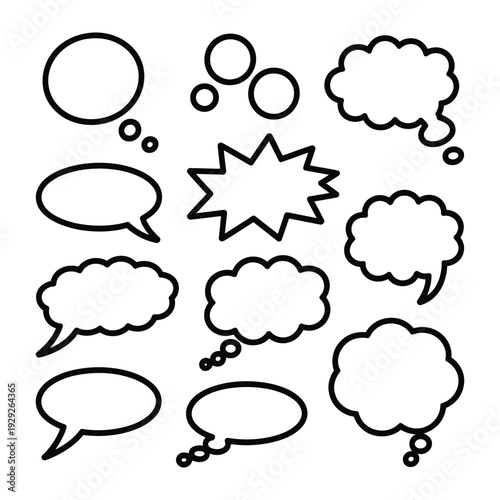 Speech Bubbles Expressions: A collection of various speech bubble illustrations, each offering unique shapes for conveying thoughts, dialogue, and expressions.