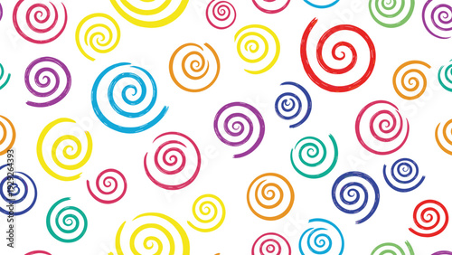 Vibrant seamless pattern featuring many hand-drawn colorful spirals in red yellow blue and green on a white background.