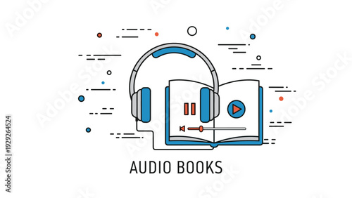 Modern conceptual illustration for audio books featuring headphones over an open book with media controls and abstract lines.