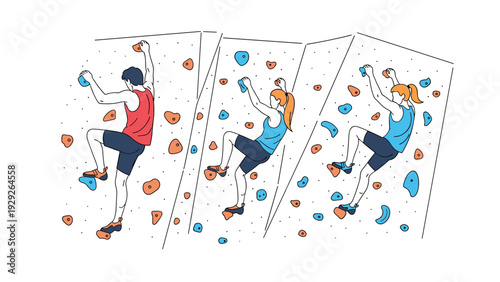 People practicing indoor rock climbing on colorful walls at a gym facility in a sequence of three different panels.