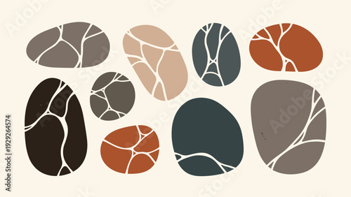 Collection of abstract smooth stones or pebbles in various sizes and earth tones featuring unique organic patterns.