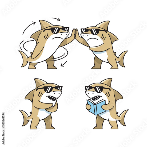 Cartoon sharks in sunglasses high fiving and reading in a fun and playful style
