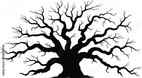 Large leafless tree silhouette with intricate branches, winter forest outline, natural fractal design, organic structure, dramatic nature illustration, artistic pattern