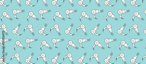 Seamless hair dryer pattern on light blue background for beauty salon wallpaper and textile design