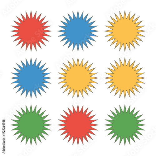 Colorful Starburst Array: An eye-catching pattern of colorful starbursts radiates energy and vibrancy, a graphic element perfect for any design.
