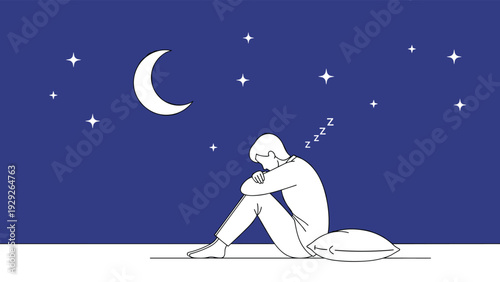 Man sitting and sleeping on a pillow at night under a starry sky and moon in a dark blue background illustration.