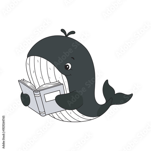 Cartoon whale reading a book in a minimalist style with copy space