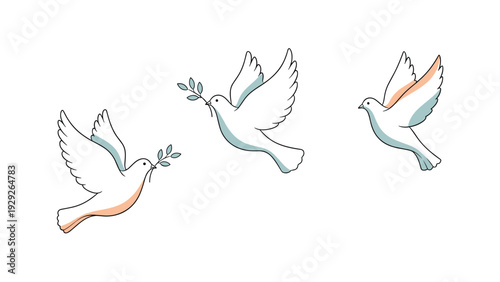 Three white doves flying and carrying olive branches as symbols of peace and hope in a soft illustration.
