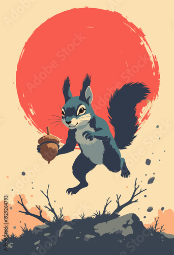 Squirrel doing superhero landing, clutching acorn Cracks form ground thick black ink squirrel has fierce, battlehardened manga scowl Bold red circular motif behind it Room copy