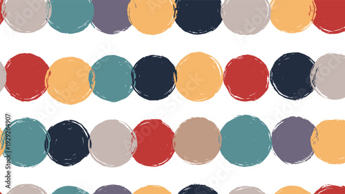 Seamless pattern with large hand-painted polka dots in a muted earthy color palette on a crisp white background.
