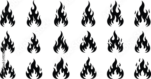 Set of black fire flame silhouettes, burning bonfire icons, hot heat symbols, campfire vector elements, isolated blazing ignite graphic collection.
