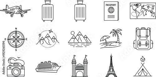 Set of 15 travel and tourism line icons vector