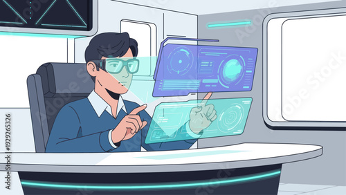 Man interacting with virtual reality interface in futuristic office.