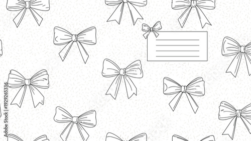 Background pattern of hand drawn bows with a rectangular blank gift tag for personalized messaging in festive and celebratory designs.