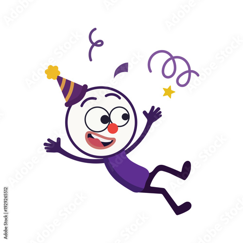 Cheerful Celebration Character Falling with Confetti and Party Hat