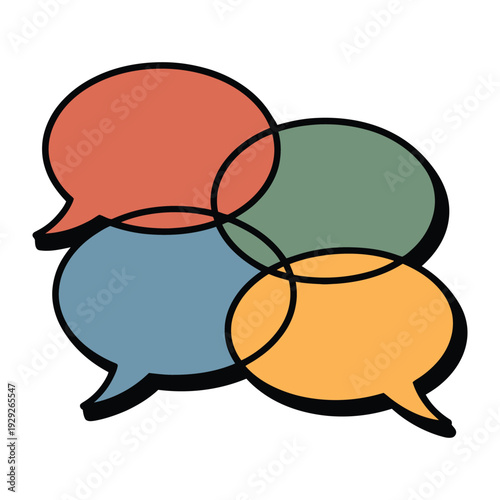 Interconnected Thoughts: A visually engaging illustration featuring four overlapping speech bubbles, each in a unique hue, symbolizing diverse conversations and ideas.