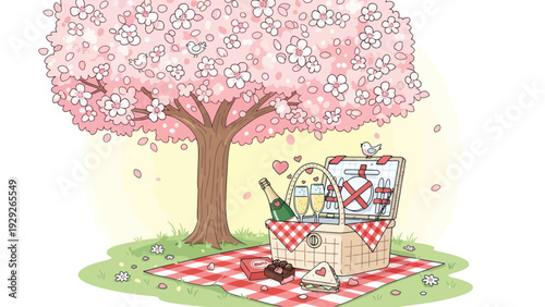 Cute Cartoon Spring Picnic under Cherry Blossom Tree