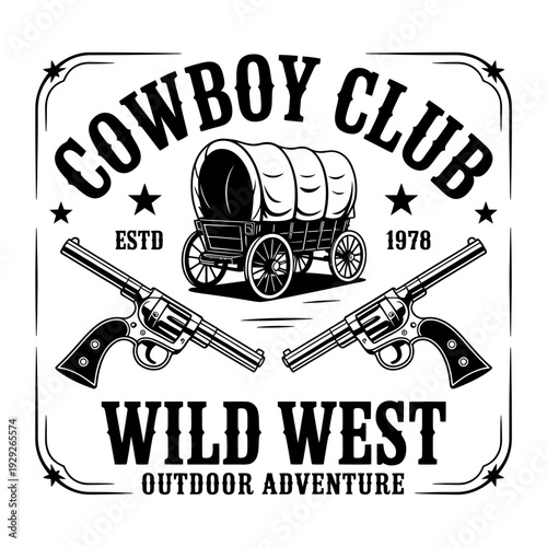 Cowboy club wild west outdoor adventure logo with wagon and guns