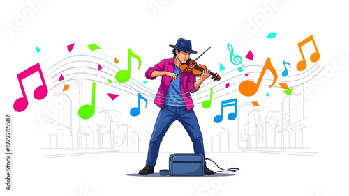 Street musician plays violin in a vibrant outdoor musical performance.