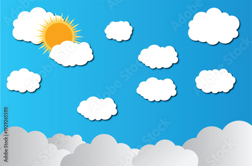 Summer clouds and sun vector illustration, bright sky flat design with fluffy white cumulus
