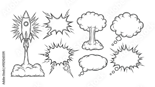 Comic Elements: A dynamic array of comic book elements bursts forth with energy. Featuring a rocket launching into space.