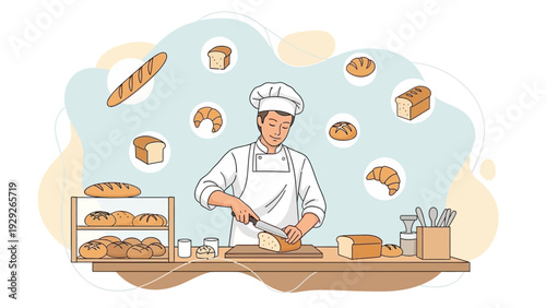 Baker cuts fresh bread in a bakery with assorted pastries and loaves.