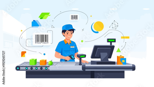 Friendly cashier scanning items at a modern supermarket checkout.