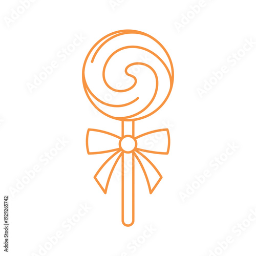 Orange line drawing of a swirly lollipop with a bow